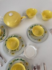 Vintage Banner yellow Plastic Tea set USA litho sunflower plates saucers C5-27