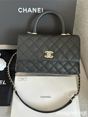 NIB 100%AUTHENTIC CHANEL Coco Handle Small Flap Bag Black Grained