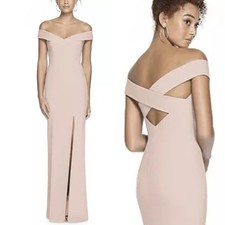 Dessy Off-The-Shoulder Criss Cross Back Trumpet Bridesmaid Gown in Blush Pink