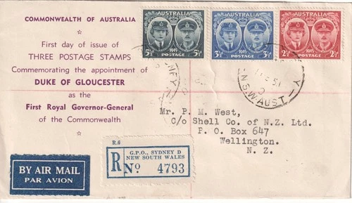 Australia fdc first day cover 1945 Duke of Gloucester registered