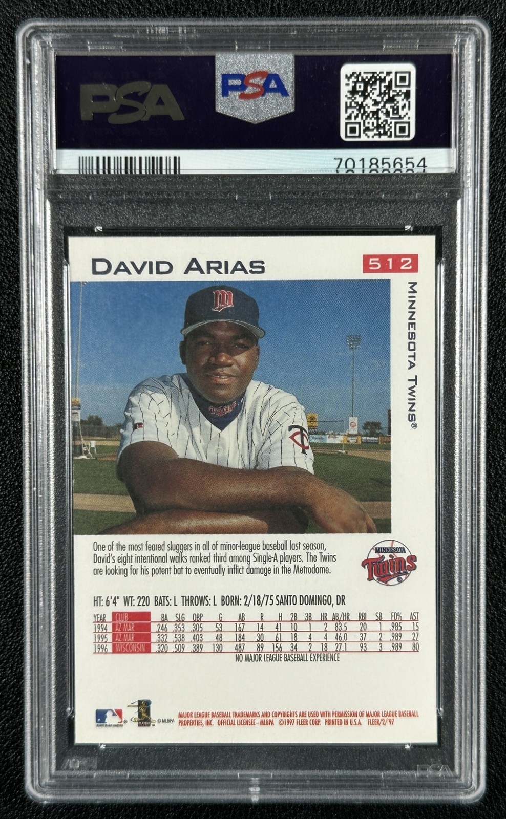 DAVID ARIAS ORTIZ PSA 10 1997 FLEER #512 ROOKIE RC TWINS 5654 view 2