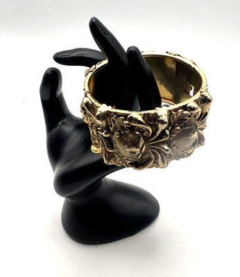 Vtg Wide Bracelet Cuff Goldtone Repousse Botanical Whiting & Davis Style Hinged