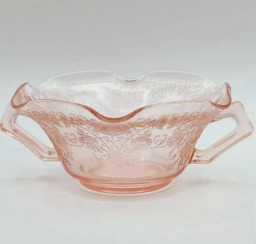 Vintage Hazel Atlas Florentine Poppy Pink Depression Glass Double Handle Bowl