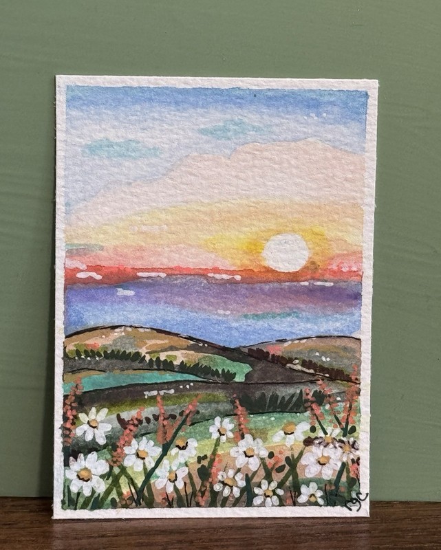 ACEO Original Painted Landscape, Wildflowers, heartfelt by robin, Sunrise