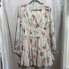 Coquette Cottagecore Floral Ruffle Tiered Fashion Nova Mini Dress Lace Up Pink M