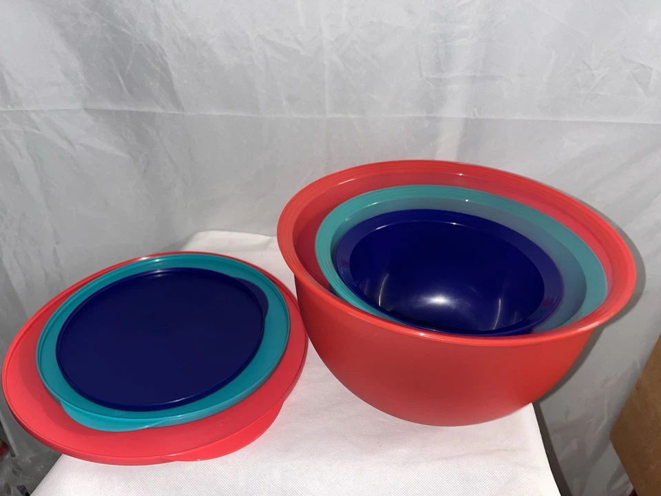 NEW Tupperware Impressions Bowl 3 pc Set Red Teal Green Indigo Blue with Seals - Image 3 of 4