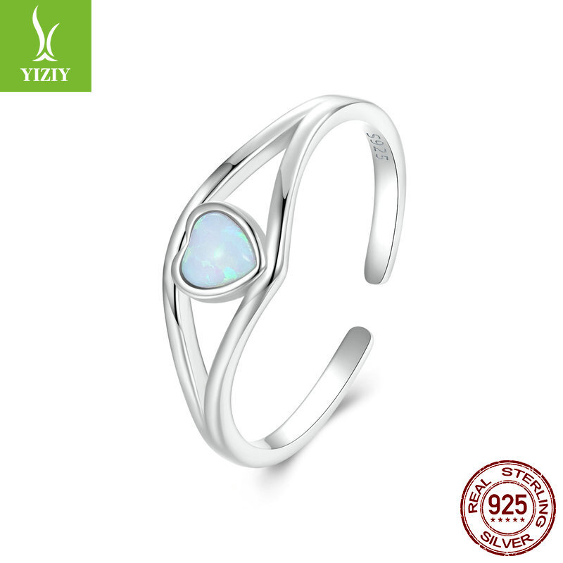 Unique Real 925 Sterling Silver Opal Heart Open Ring Fashion Women