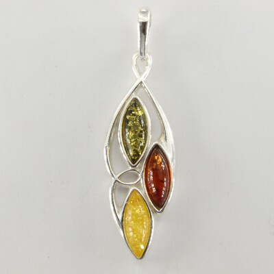 Multi-Color BALTIC AMBER Oval Pendant 925 STERLING SILVER Poland #1462e