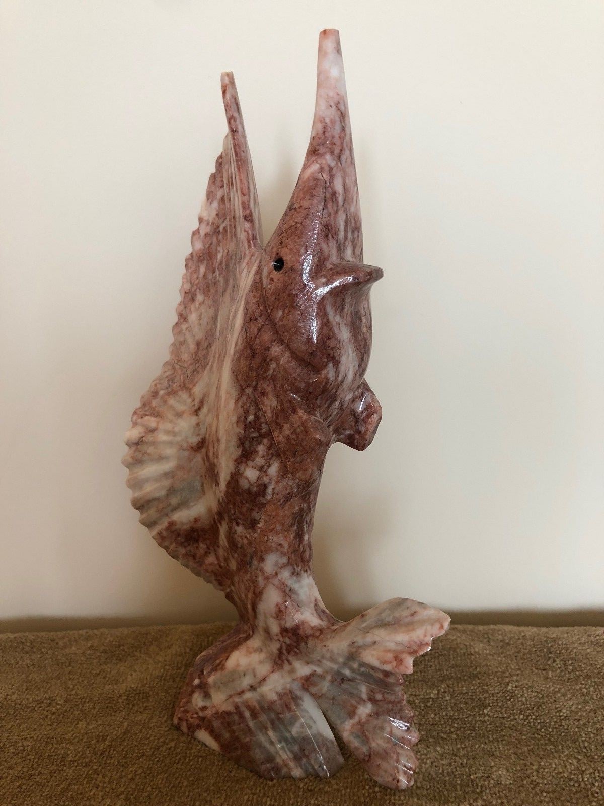 MARBLE SWORDFISH FIGURINE HAND CARVED PINK with WHITE & GRAY 10" HIGH