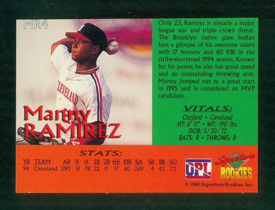 1995 Signature Rookies, Manny Ramirez Autograph, #MR4, Cleveland Indians - Image 2 of 2