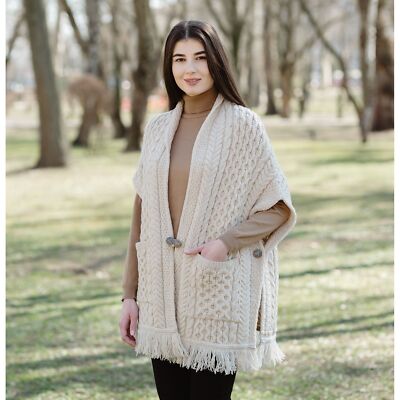 SAOL 100% Merino Wool  Aran Knit Women's Shawl, Irish Cape Cardigan with Pockets