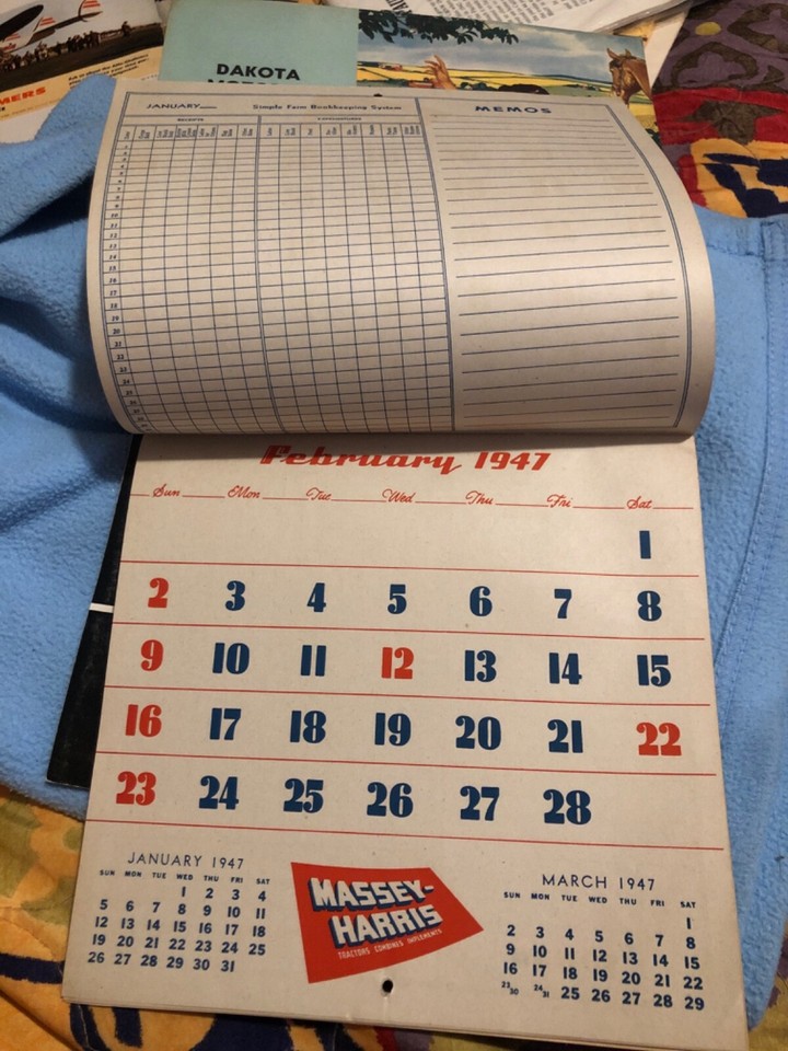 Massey Harris 1947 Advertising Calendar Dakota Motor &Machinery CO