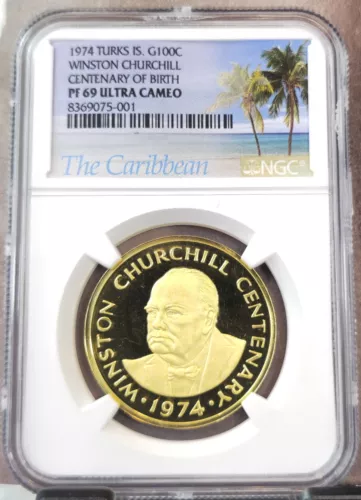 1974 TURKS IS GOLD 100 CROWNS WINSTON CHURCHILL NGC PF 69 ULTRA CAMEO TOP POP