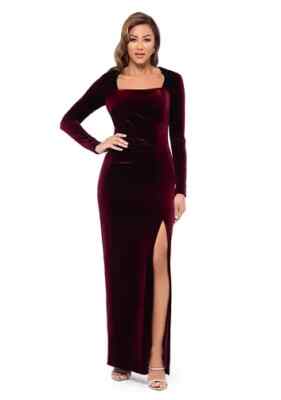 xscape burgundy velvet dress Finesse | Burgundy Lace And Velvet Square-Neck Maxi Dress With Draped Skirt main image 1
