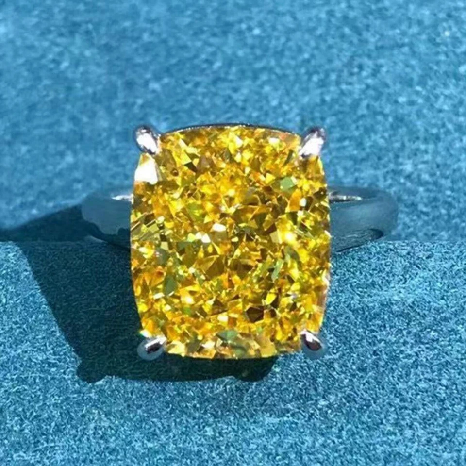 Anillo de diamantes de zafiro amarillo natural corte cojín de 8,00 quilates de oro blanco de 14 quilates talla 7 Foto 4 de 4