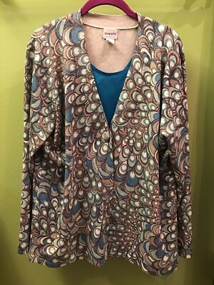 Chico s 3 V Neck 1 Button Cardigan With Silver Metallic Thread