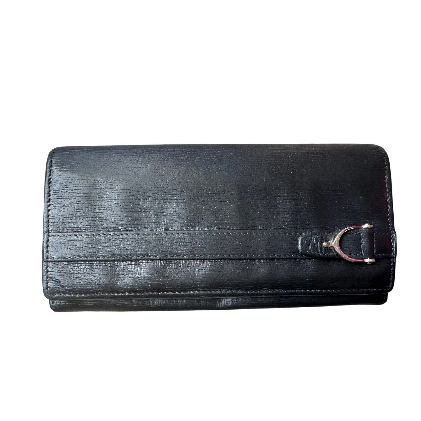 Portefeuille Gucci noir long à deux volets avec boucle de ceinture argentée 