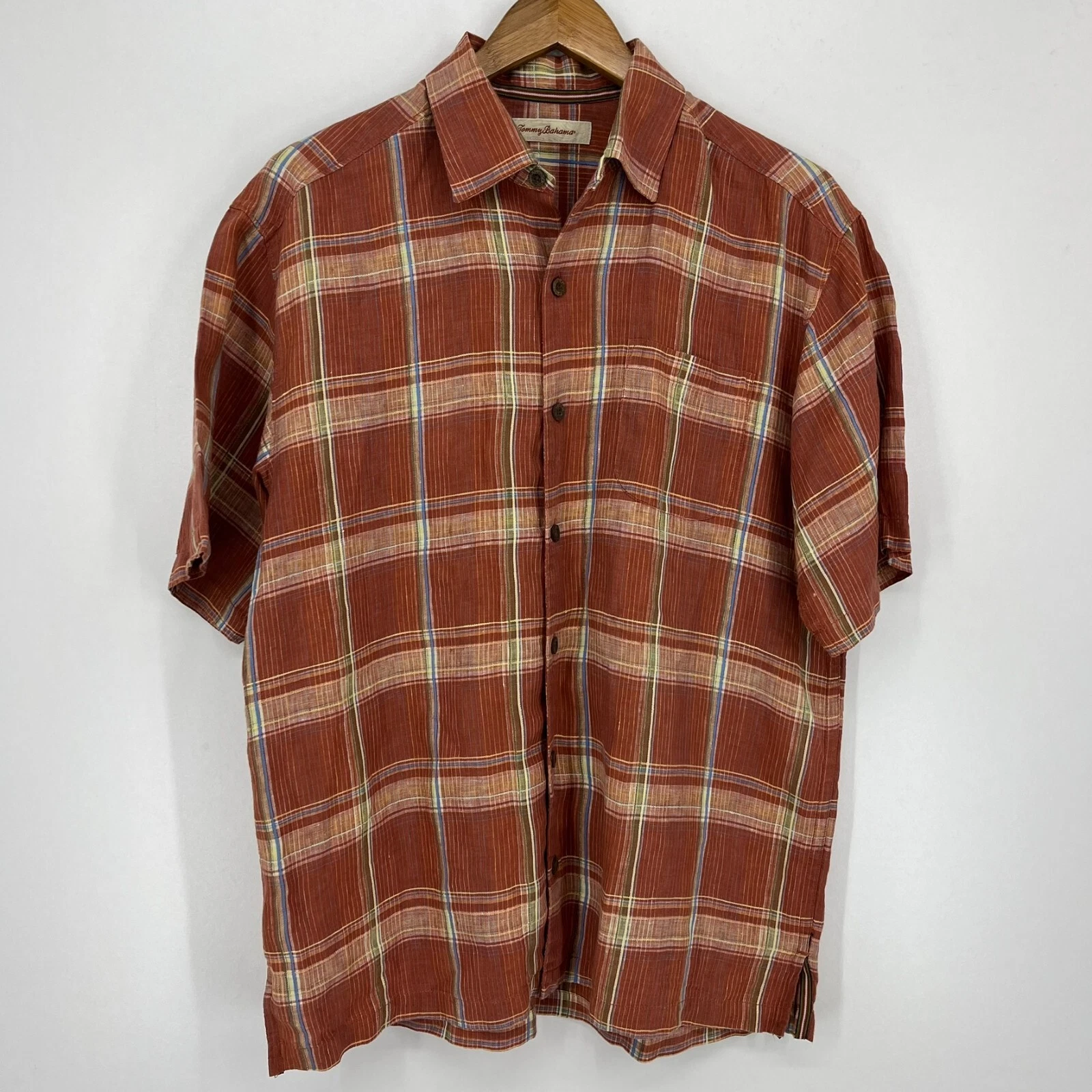 Tommy Bahama Short Sleeve Button Shirt Men's M Orange Plaid 100% Linen Collared