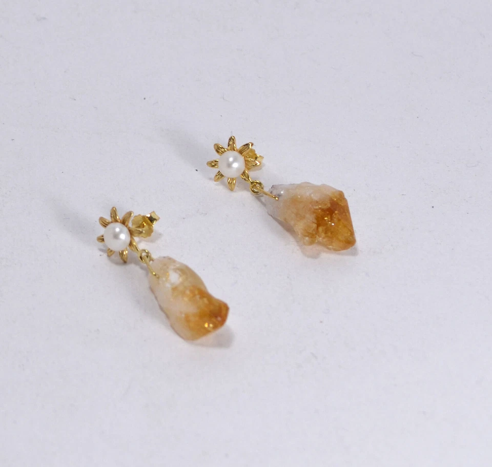 ORECCHINI IN ARGENTO 925 CON PERLE E GEODI CITRINO NATURALE            AGHT 0572 - Immagine 2 di 3