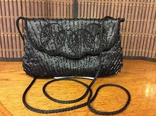 Womens Clutch Evening Handbag Black Beaded Exterior Snap Closure H1