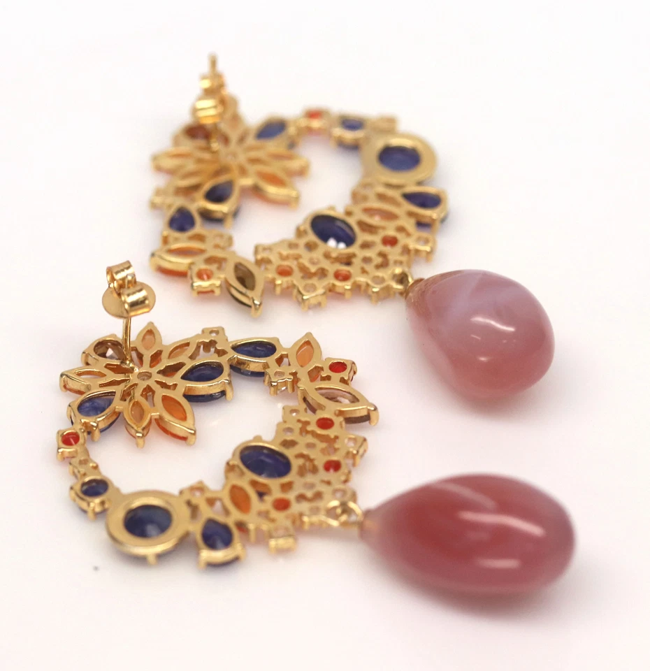 11 X 19 mm. Bi-Color Agate Sapphire Fire-Opal...Earrings Silver 925 Sterling - Image 4 of 4