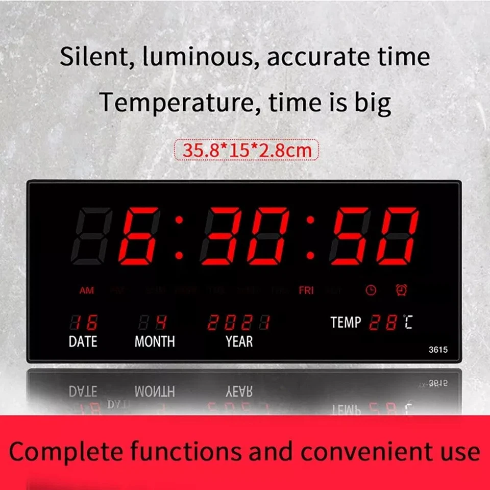 Led Digital Electronic Clock Calendar Temperature Wall Clock Bedroom Office USB - Image 3 of 4