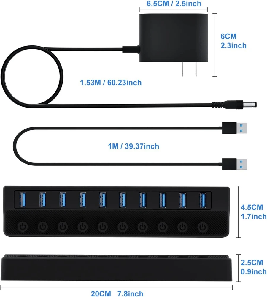 Powered USB Hub 3.0, 10-Port USB Splitter Hub with Individual On/Off Switches an