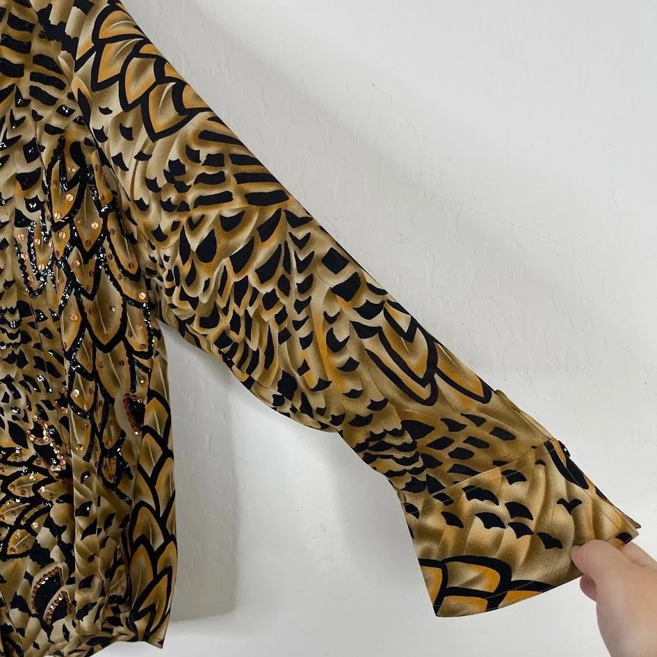 Diane Gilman Silk Button Up Blouse Animal Print Rhinestone Maximalist Size L - Image 4 of 4