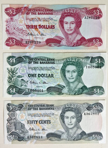 $3, $1, $.50 Bank Notes (1 Each) Central Bank Of Bahamas + 1492 Commemorative!