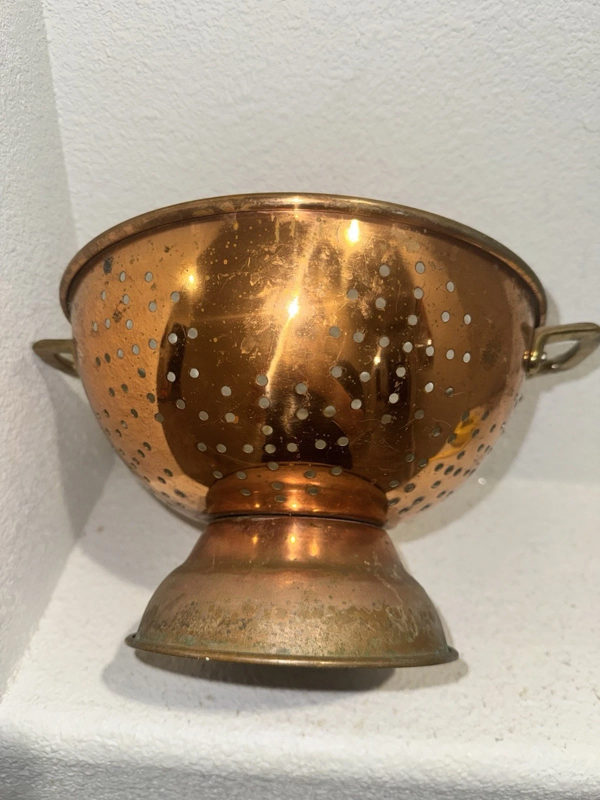 Vintage Copper Pedestal Colander Strainer Bowl Farmhouse Kitchen Patina READ
