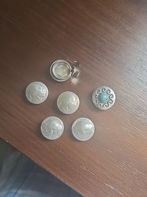 6 Native American Sterling Silver & a turquoise Shadow Box Button Covers.  Z