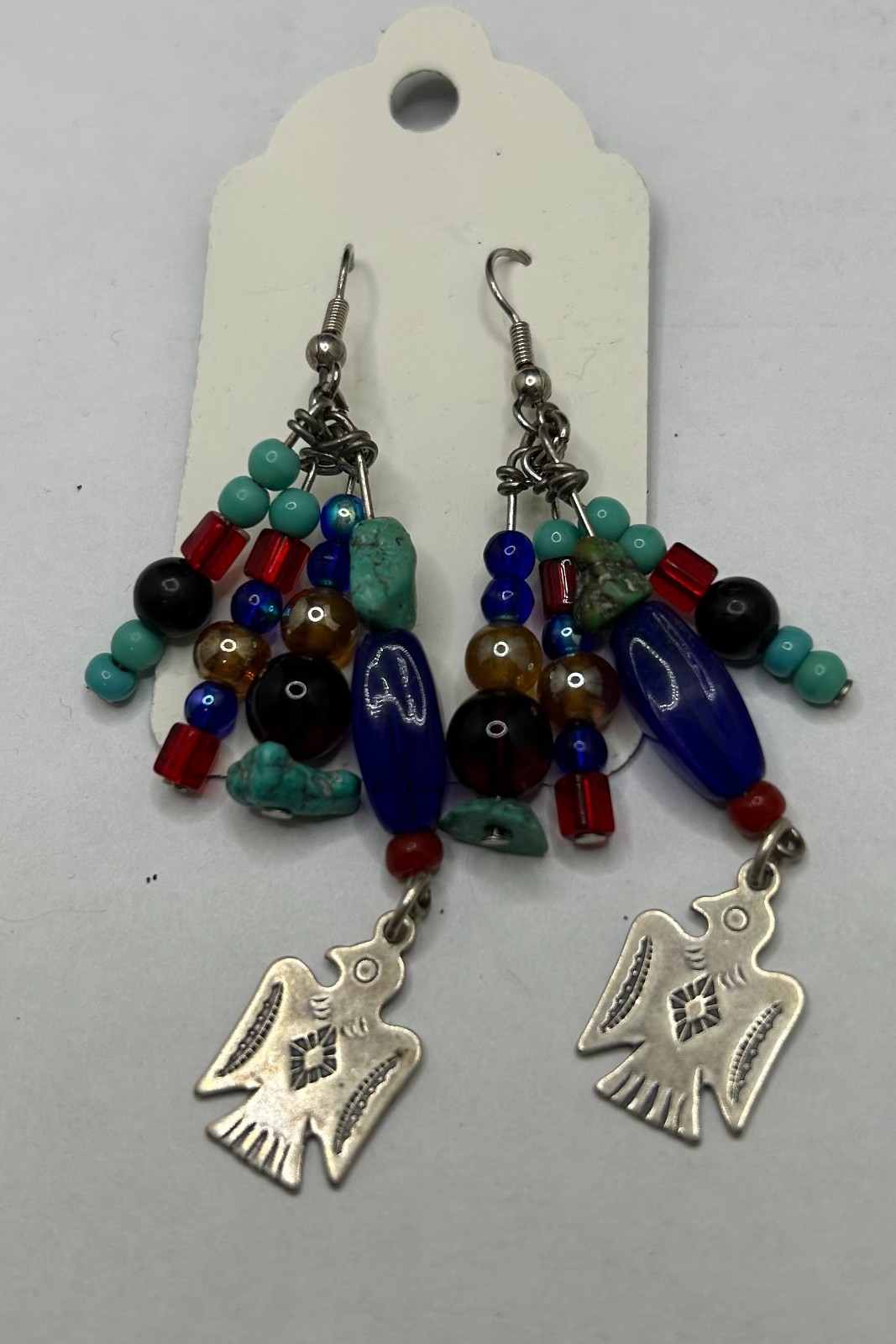 Sterling Silver Thunderbird Beaded Dangle Earring… - image 1