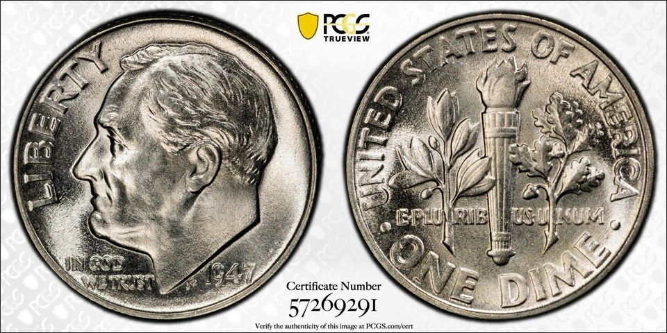 Moneda de diez centavos P Roosevelt 1947 ¡Excelente gema bu bandas completas! MS67FB PCGS