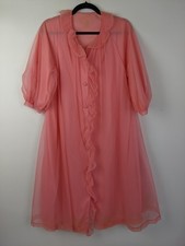 Vtg 60s 70s Coral Pink Button Up Ruffle Robe Dress Nightgown Size Medium Large