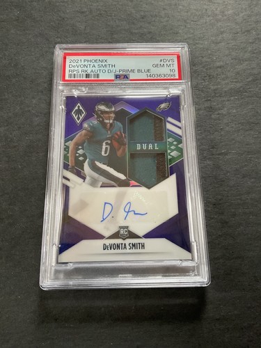 2021 PHOENIX DEVONTA SMITH RPS ROOKIE AUTO/DUAL PATCH PRIME BLUE /25 PSA 10 GEM