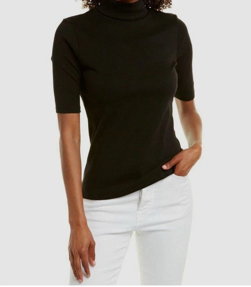 $158 Lilla P Women Black Turtle Neck Tee Elbow-Sleeve Casual T-Shirt Top Size M - Image 2 of 4