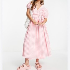 Influence puff sleeve wrap midi dress pink white gingham sz. 10 India cotton