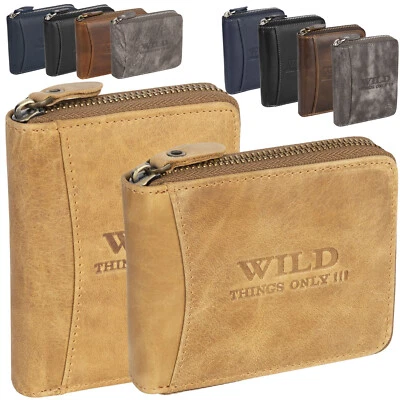 WILD THINGS ONLY !!! RFID Leder Geldbörse Herren Brieftasche mit Reißverschluss Hochformat Cognac