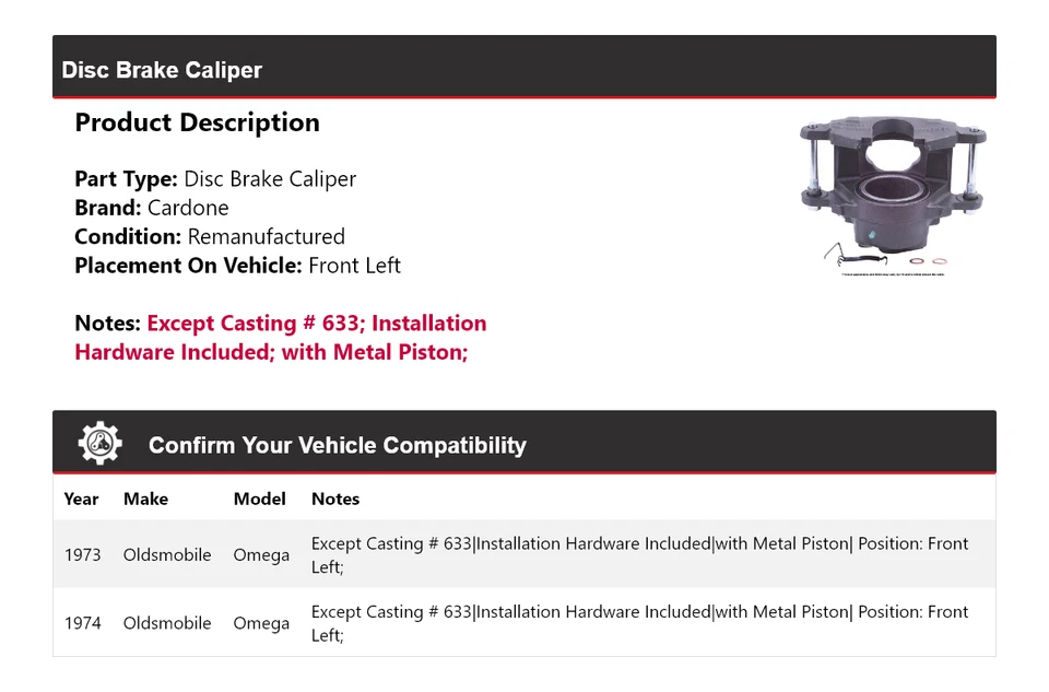 For 1973-1974 Oldsmobile Omega Disc Brake Caliper Front Left Cardone - Image 2 of 4