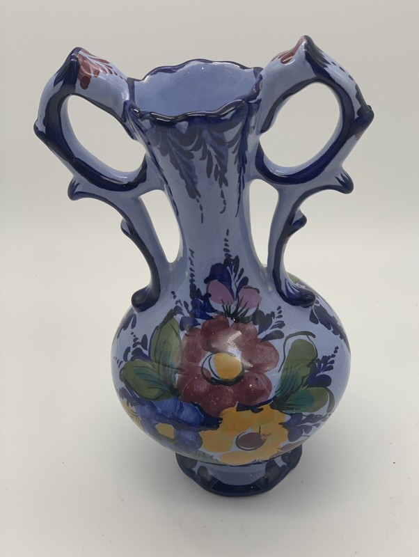 Portuguese Blue Vase With Florals Two Handles Hand Painted Signed