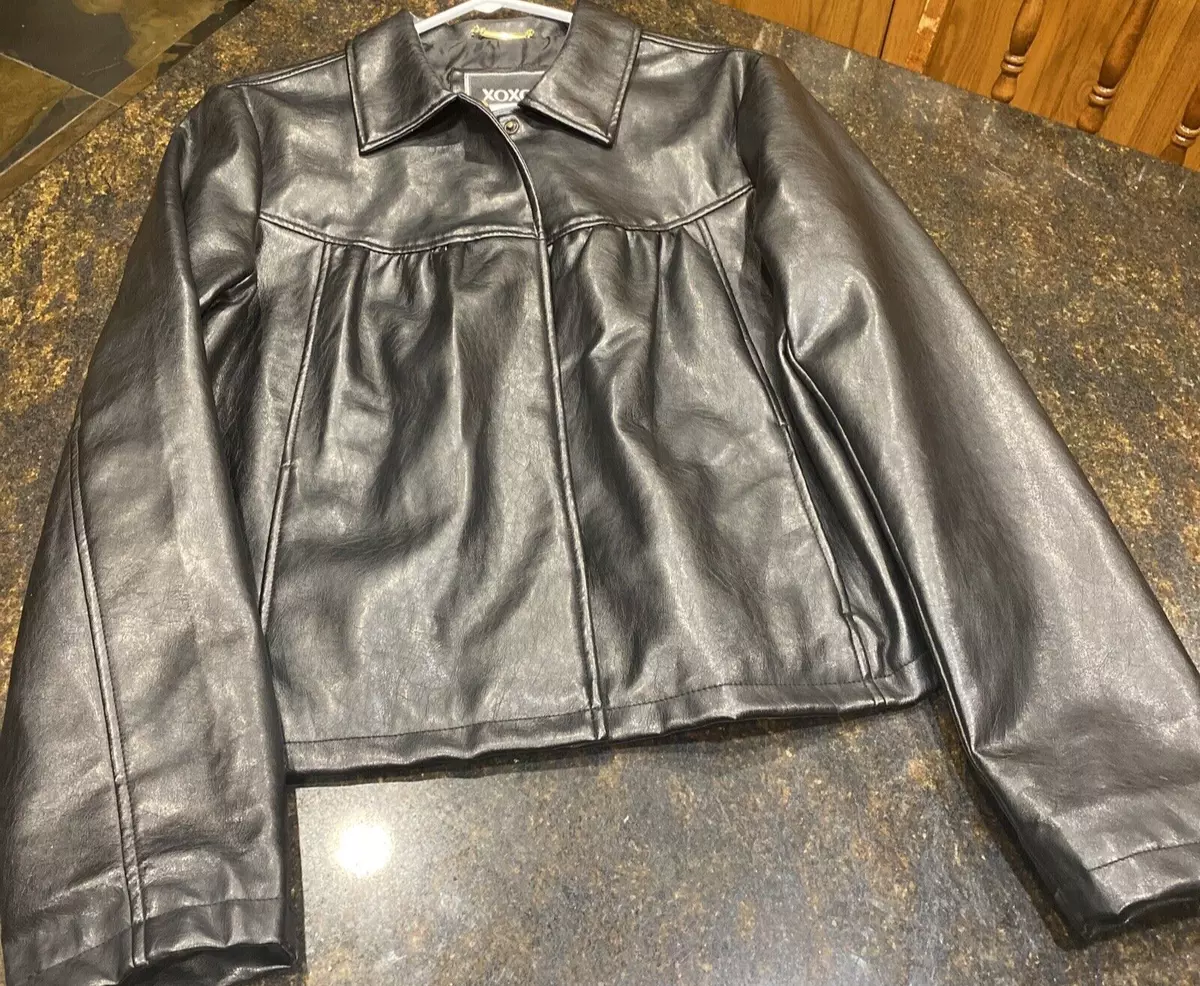 XOXO Womens Black Faux Leather Jacket Lined Pockets Button Closure