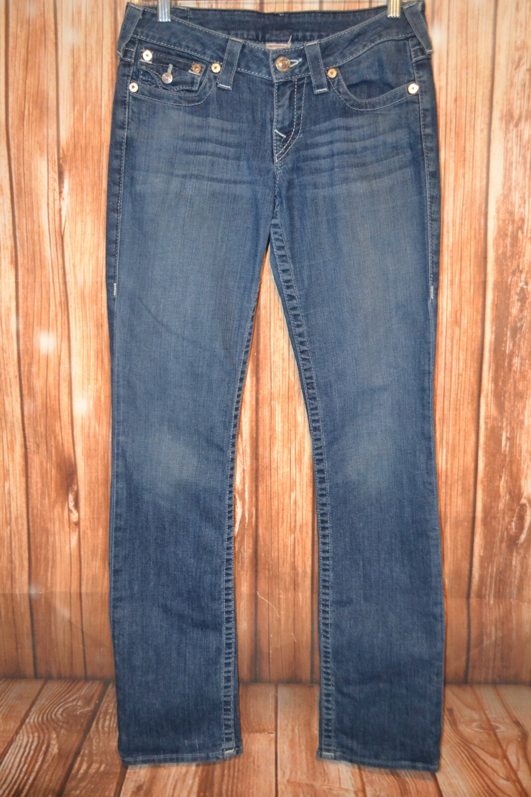 True Religion Women's Straight Embroidered Logo Pocket Flaps Blue Jeans Sz 28x34 thumbnail 4