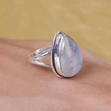 Natural Moonstone Gemstone Ring Stacking Ring 925 Sterling Silver Boho Ring Gift
