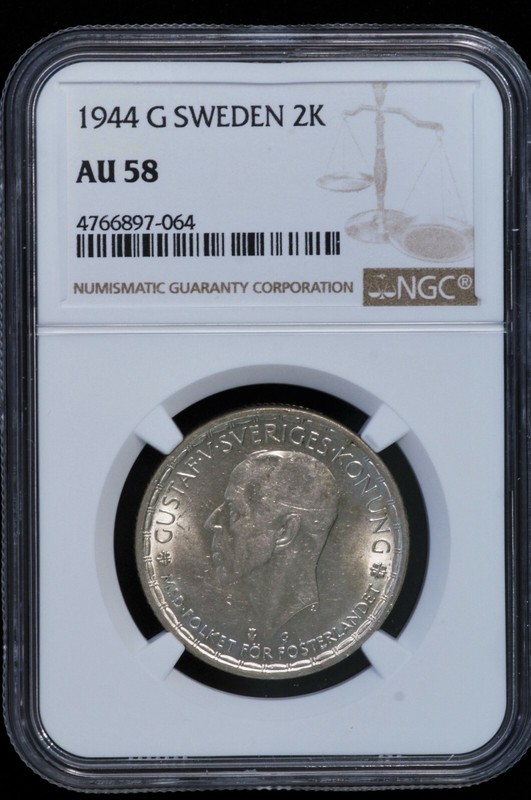 1944 G 2 Kronor Sweden Coin (NGC AU 58 AU58) KM#815 (B2814)