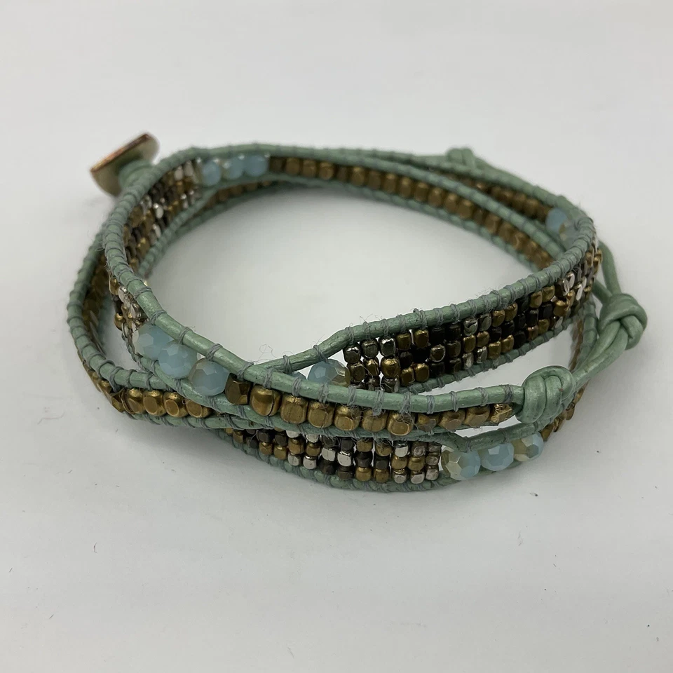 Nakamol 3X Pulsera Envolvente Cuero Aqua Cristales Bronce Oro Cuentas Ajustables Boho Foto 4 de 4