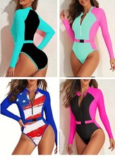 Women's Long Sleeve One-Piece Swimsuit, High Neck Zippered Rashguard
