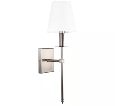 LamQee 06FTL0233ANK Satin Nickel 1-Light Wall Sconce with White Fabric Shade OB