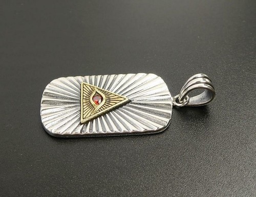 925 Sterling Silver Dog Tag Double Side Pendant Red CZ Triangle Brass Evil Eye - Picture 7 of 10