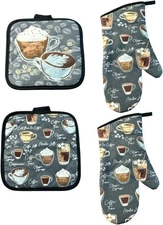 4 PCS Quilted Coffee Espresso Latte Design Kitchen Set Oven Mitts & Potholders