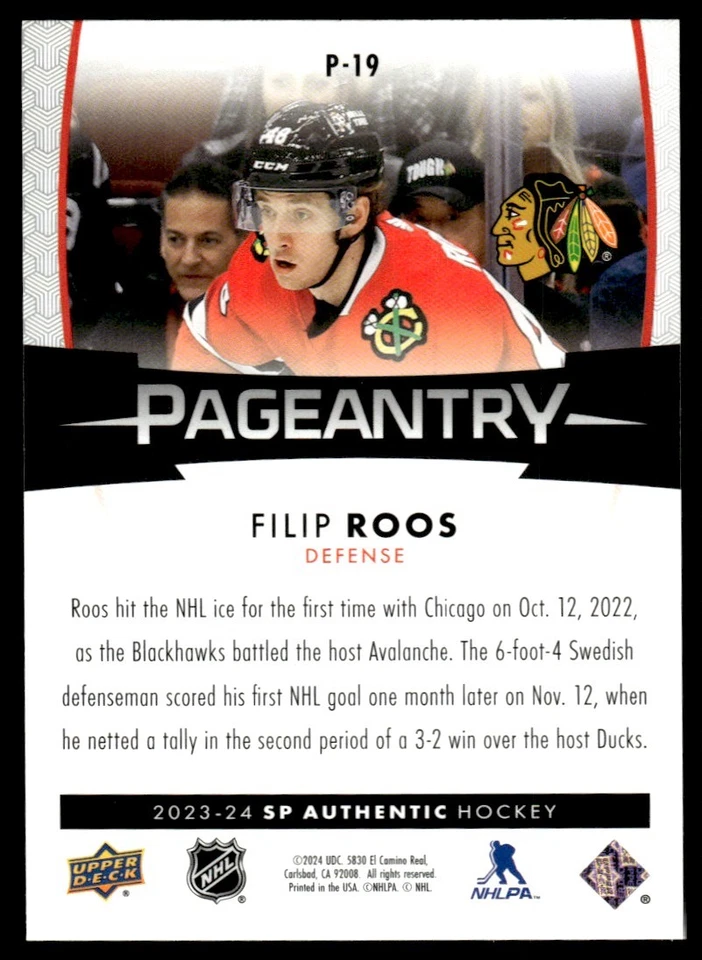 2023-24 SP Authentic Pageantry Filip Roos Chicago Blackhawks #P-19 - Image 2 of 2